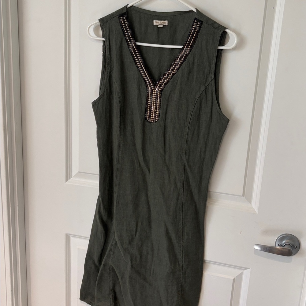 Sleeveless Olive Dress with Beaded Neckline